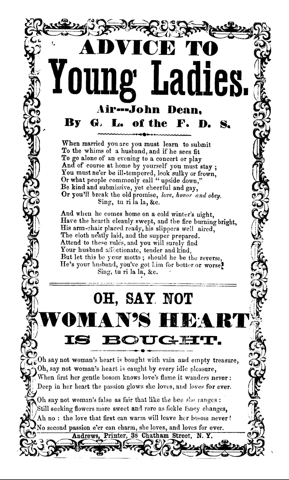Courtesy of Library of Congress, "Advice to young ladies. Air---John Dean. Andrews, Printer, 38 Chatham Street, N.Y.," Date Unknown