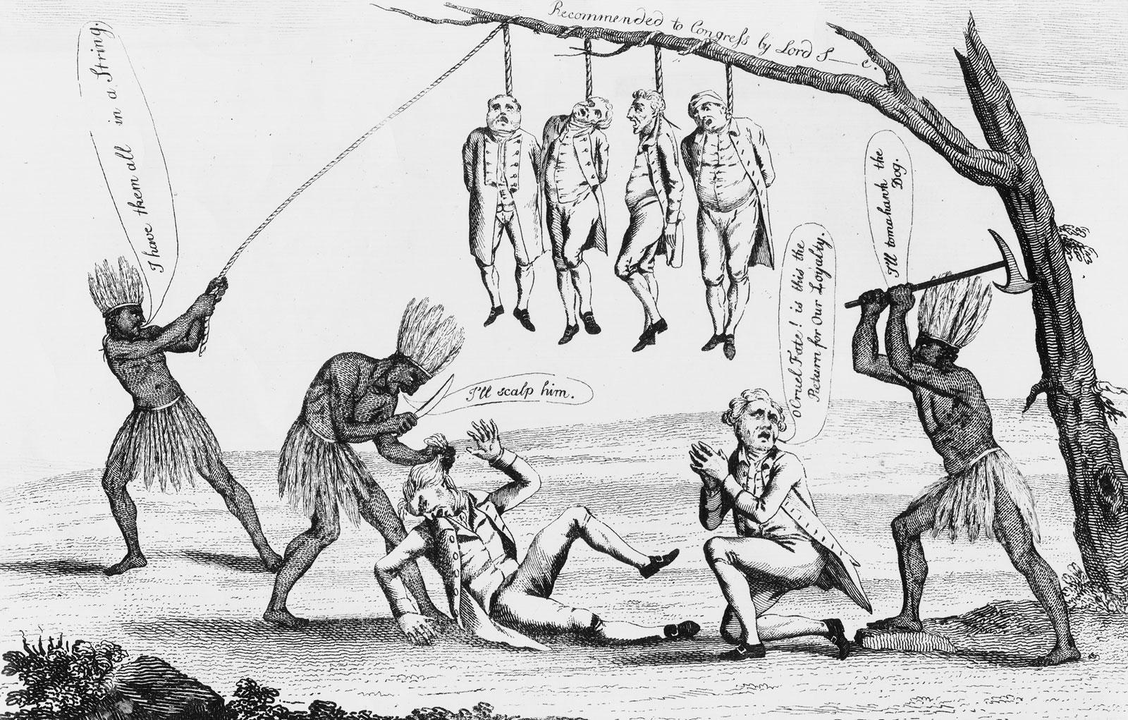 Etching showing atrocities against Loyalists. The Patriots are depicted as savages