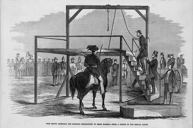 John Brown ascending the scaffolding to be hanged, from Frank Leslie's Illustrated Newspaper v. 9, no. 211 (1859 Dec. 17), p. [33].