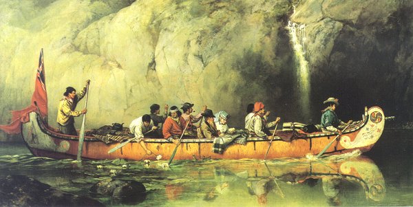 Francis Anne Hopkins "Canoe Manned by Voyageurs Passing a Waterfall," 1869